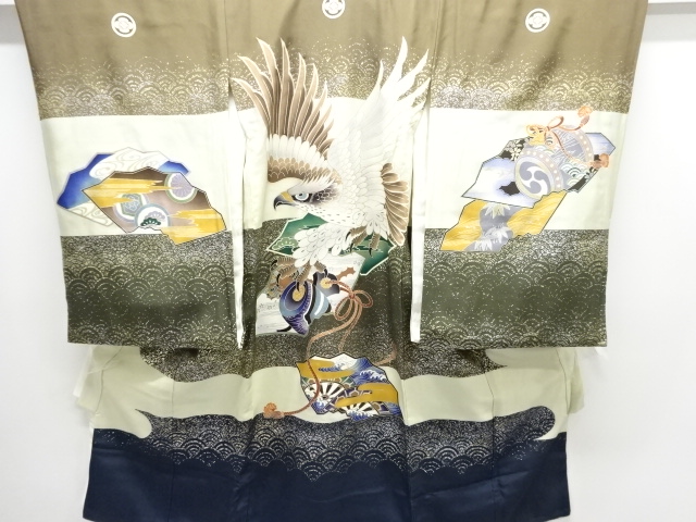 鷹模様紋付男児着物(内袖・長襦袢付き)